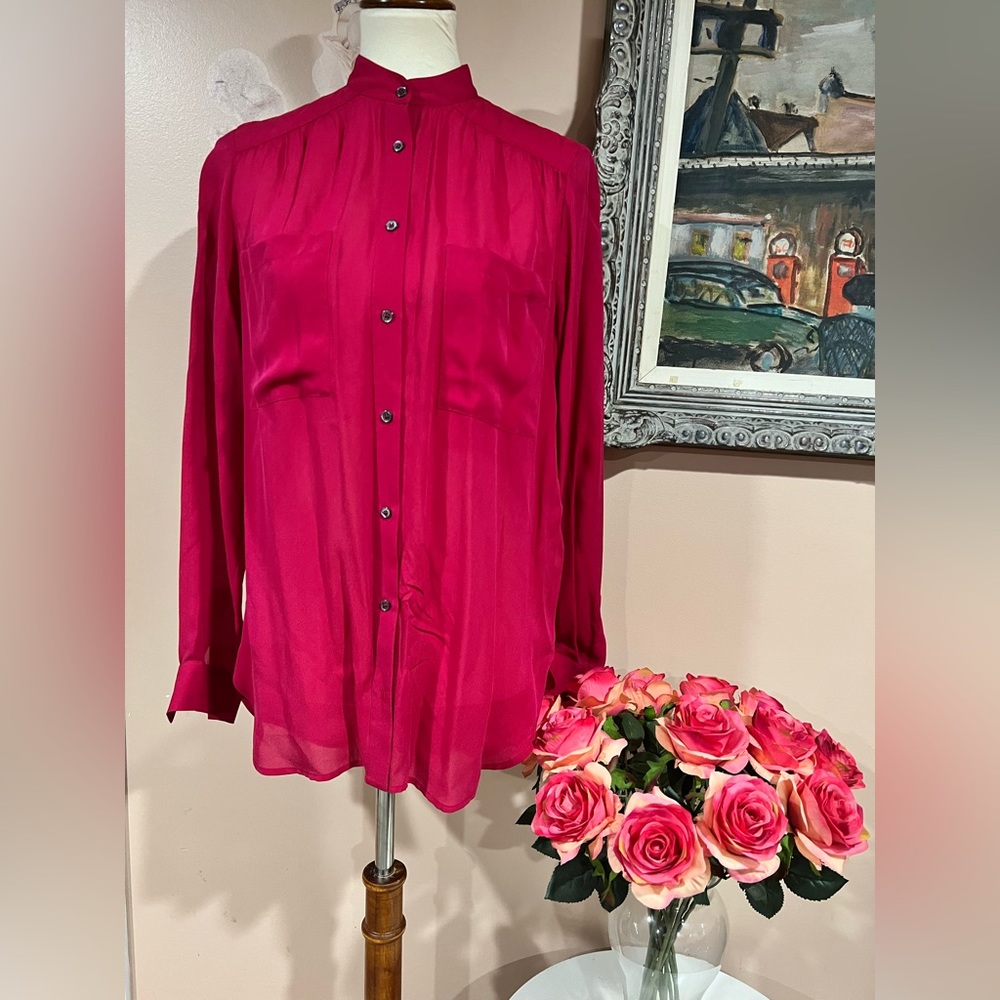 Haute Hippie Silk Blend Long Sleeve Deep Pink Blouse Top  Size M